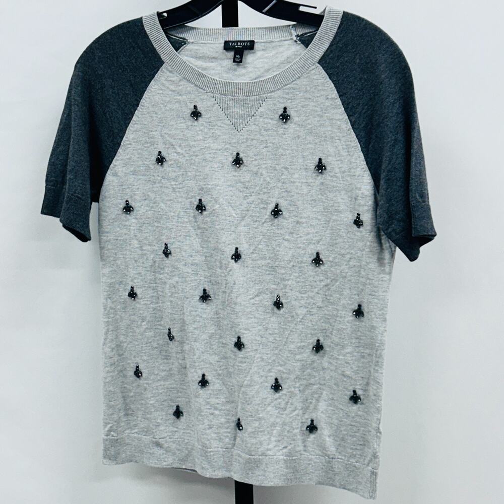 Talbots Petite Medium Short Sleeve Sweater Gray With Blue Accents Sequins
